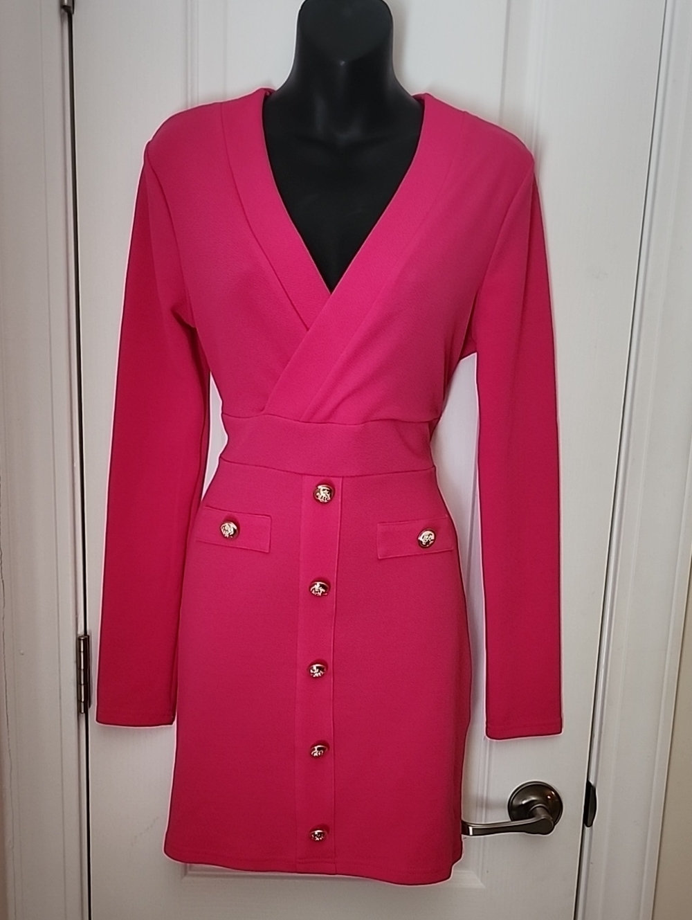 Feminine Fuchsia Wrap-Style Button Front Dress